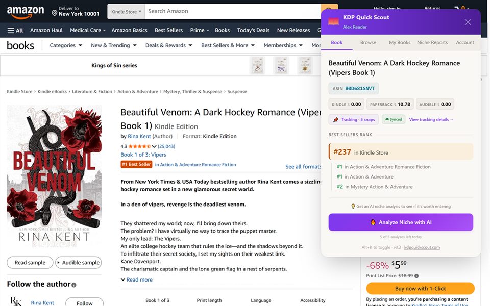 KDP Quick Scout overlay showing BSR, multi-format prices, and review data on an Amazon book page