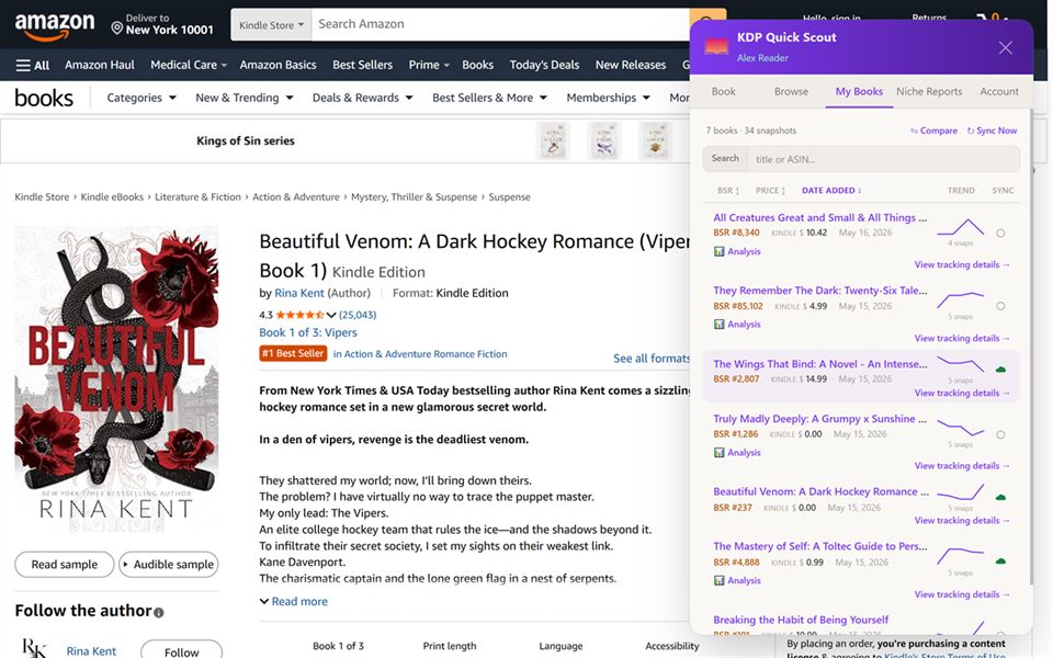 My Books tab listing several tracked books with sparklines