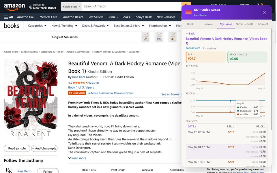 Book detail view with BSR and price trend charts plus a history table